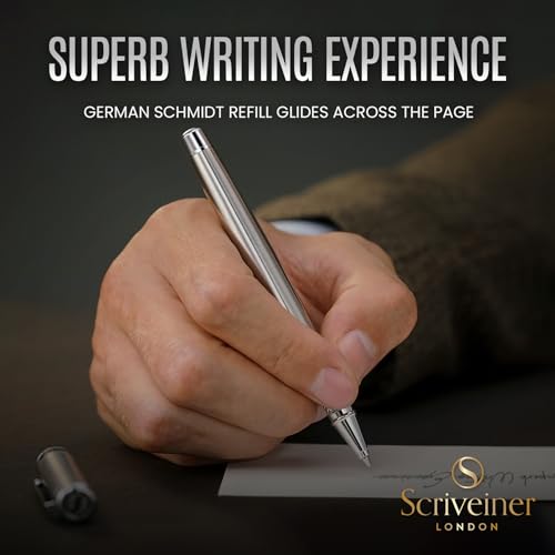 Image of Scriveiner Stainless Steel Rollerball Pen - Stunning Luxury Metal Pen with Silver Chrome Finish, Schmidt Ink Refill, Best Roller Ball Pen Gift Set for Men & Women