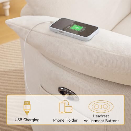 Image of Power Recliner Chairs, 360 Swivel Rocking Chair Nursery with USB /Type-C & Phone Holder, Gilder Reclining Chair with Side Pocket for Adults, Barrel Recliners for Living Room, Chenille White