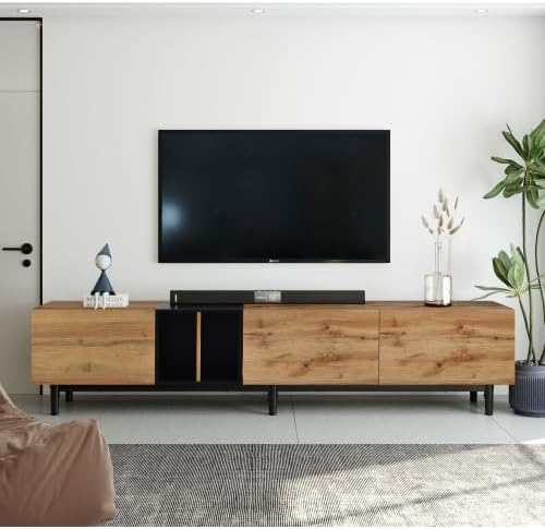 Modern TV Stand for 80" TV, Media Console with 3 Drop-Down Doors, Large Storage Cabinet for Living Room or Bedroom, Minimalist Entertainment Center, Natural Wood Finish