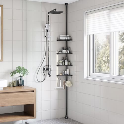 SONGMICS Duschregal Eckregal Bad mit 4 Ablagen Badregal Gesamthöhe 85-305 cm höhenverstellbar Badezimmer-Regal schwarz BCB001B01