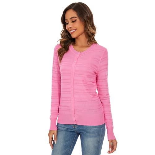 Women's Crew Neck Button Down Hollow Out Stripes Long Sleeve Cardigan Sweater3