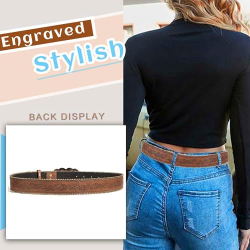 Image of Yalice Western Brown Belt for Women Vintage Cowgirls Leather Jeans Belts with Embossed Buckle