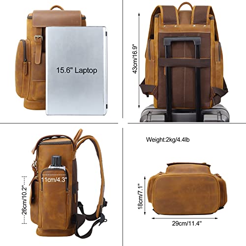 Masa Kawa Leather Backpack For Men 15.6 Inch Laptop Large Capacity Vintage College School Bag Hiking Daypack #TOP2