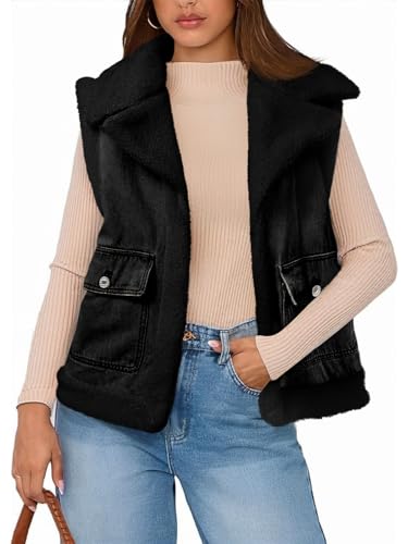 Tankaneo Womens Sherpa Denim Vest Oversized Fleece Lined Sleeveless Jean Jacket Winter Fuzzy Outerwear