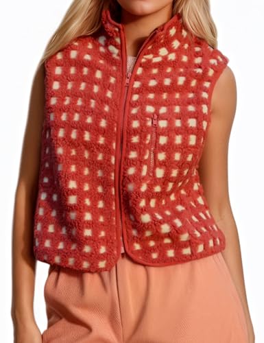 Women's Checkered Sherpa Vest Sleeveless Fleece Vest Jacket Zip Up High Neck Plaid Gilet for Warmth & Style