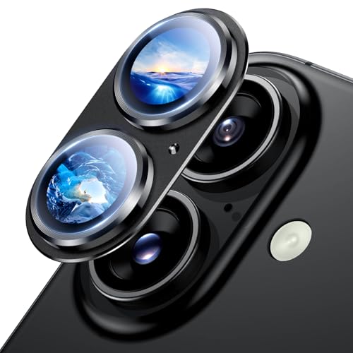 Image of Uyiton Compatible with iPhone 16 / iPhone 16 Plus Camera Lens Protector - [Not Easy to Break][Strong Adsorption][Case-Friendly] Metal Tempered Glass Rear Camera Screen Cover - Black Titanium