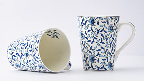 Image of GOLDEN QUEEN'S Mugs Set of 2 for Coffee, Tea, Milk - Ideal for Your Daily Beverage Ritual, Hosting & Casual Gatherings (Blue Vine Whispers)