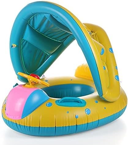 Baby Pool Float with Canopy Baby Swim Float Inflatable Swimming Ring with Adjustable Sun Protection Canopy Toddler Floaties with Seat and Handle Water Toys for Age 6-36 Months (C-Yellow)