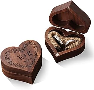 Personalised Wedding Ring Box for 2 Rings Ceremony Wooden Engagement Proposal Ring Bearer Boxes Holders Gift for Wedding Anniversary Jewellery Accessories, Heart Ring Box Custom Name