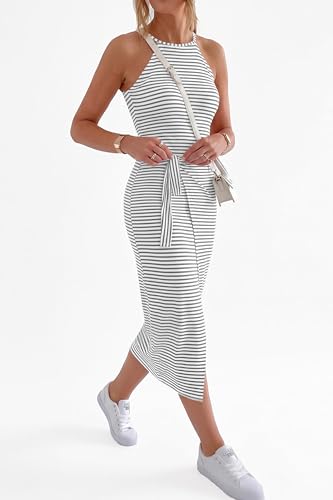 Image of NOLLSOM Women Casual Sleeveless Striped Tank Midi Dresses Halter Neck Ruched Bodycon Dresses Tie Waist T Shirt Summer Dress