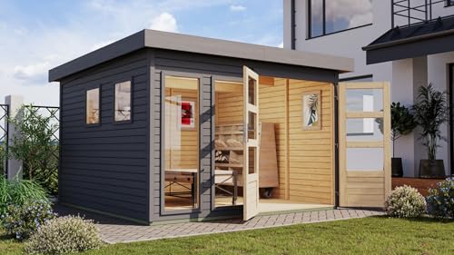 CHILLROI® Karibu Gartenhaus Pentus aus nordischer Fichte Verschiedene Größen optinal mit Anbaudach, lichtdurchflutetes Design mit Flachdach (terragrau, XL)