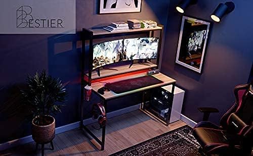 Bestier Teen Computer Desk with RGB MAP Mouse Pad 47” Gaming Desk with Led Lights Student Study Table Home Office Desk with Hutch Shelves Storage Headset Hook Cup Holder