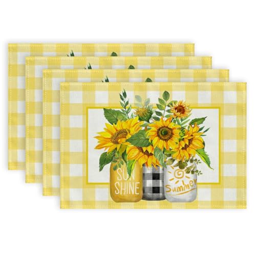 GEEORY Buffalo Plaid Sunflowers Summer Placemats 12x18 Inch Set of 4, Marson Jar Table Mats Farmhouse Rustic Holiday Kitchen Dining Decorations for Indoor Outdoor Dinner Party DΓ©cor Yellow
