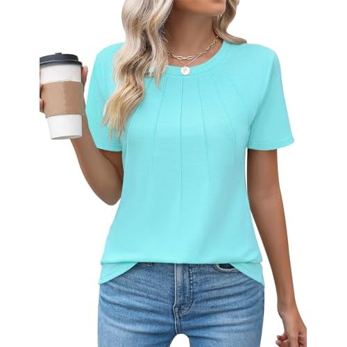 Kistore Womens Casual Crew Neck Short Sleeve Pleated Tops Blouses Fashion Clothes 2026