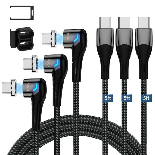 ZBF 100W USB C Magnetic Charging Cable, Right Angle Magnetic Phone Charger Cable(3 Pack, 5/5/5FT) 5A Fast Charging for Mac-Book Pro/Air, Pad Pro,Phone 17 16,14,13 Pro Max Galaxy S22