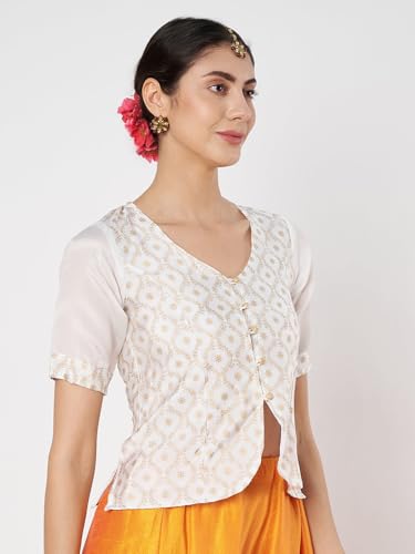 Image of studio rasa Women's Silk Blend Block Printed Button Down Readymade Top for Wedding Festive Party