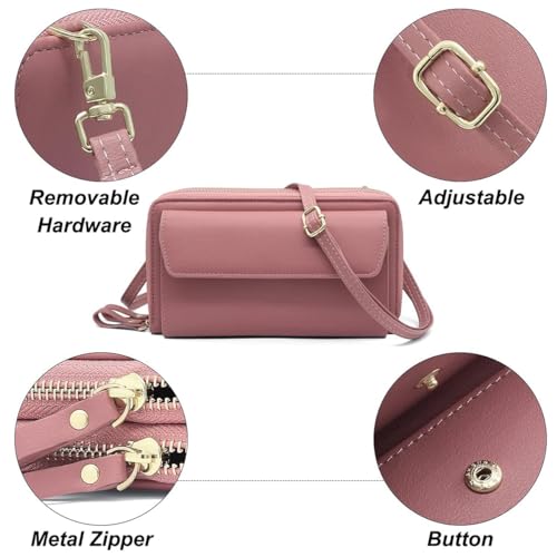 Image of Women Leather Wallet Crossbody Shoulder Bag with Double Zipper and Mobile Phone Purse with Shoulder Strap