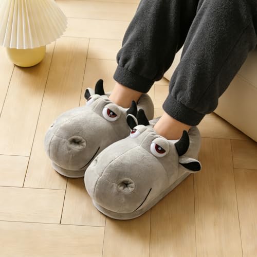 Image of Fluffy Hippo & Elephant Slippers - Oversized Warm House Slippers for Adults | Non-Slip Soft-Sole Indoor Slippers