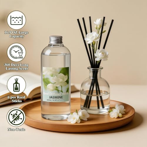 Image of STRN Reed Diffuser Refill, Jasmine Scent Diffuser 500ml | 16.9 oz with 6 Reed Sticks, Room Fresheners for Home, Long-Lasting Summer Fragrance for Living Room, Bedroom, Office, Home Decor