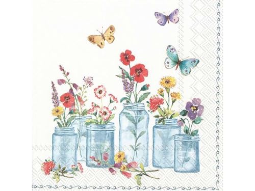 Set of 2 Individual Decoupage Paper Party Napkin Jars Flowers Watercolor Decor Luncheon Napkins for a Birthday Holiday, Wedding, Cocktail Party