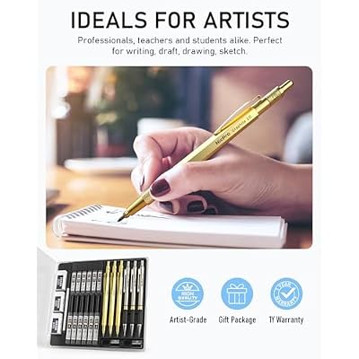 Nicpro Gold Art Mechanical Pencil Set, Metal Drafting Pencil 0.5, 0.7, 0.9mm & 2mm Lead Holder(2B HB 2H) For Sketching Drawing With Lead Refills Case