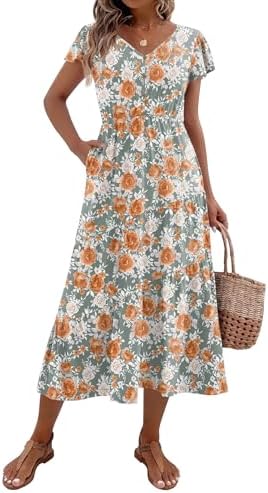 Zeagoo Women's Summer Casual Dress Flutter Short Sleeve V Neck Button Down Tiered Flowy Long Dress with Pockets, Floral-bf157, XL