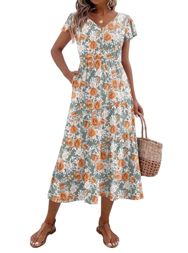 Image of Zeagoo Women's Summer Casual Dress Flutter Short Sleeve V Neck Button Down Tiered Flowy Long Dress with Pockets