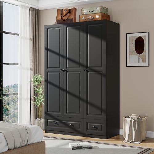 Vrmuxita Armoire Wardrobe Closet with Drawers: 74" Black Tall Wooden Wardrobe Closet for Hanging Clothes, Large Bedroom Armoires with 2 Drawers, 3 Door Armoire Storage Cabinet (Black, 47")