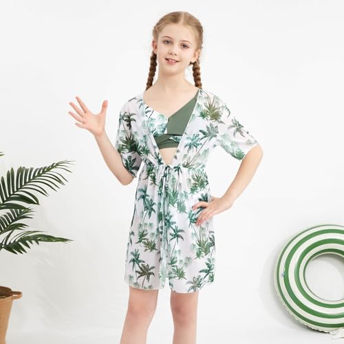 Weixinbuy Girls 3 Piece Swimsuits Tropical Print Bathing Suit with Drawstring Criss Cross Bikini Set Cover-up for Teen Girls3