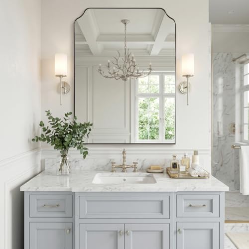 MIRRORART 40x30’’ Large Brushed Nickel Bathroom Vanity Mirror, Premium Scalloped Arched Wall Mirror in 1'' Rustproof Metal Framed Scalloped Arch Top Rectangle Mirror for Home Decor, HD Glass