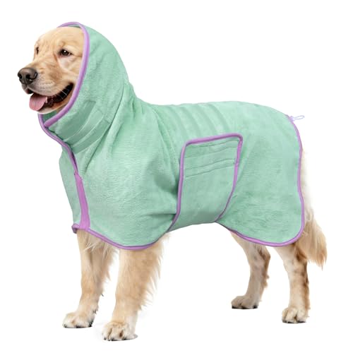 Soft Dog Bathrobe Fast Drying Dog Coat Super Absorbent Dog Towels for After Bath Microfiber Pet Robe Adjustable Collar & Belly Warm Keeping Dogs Coat for Pet Dogs & Cats (Green Medium)