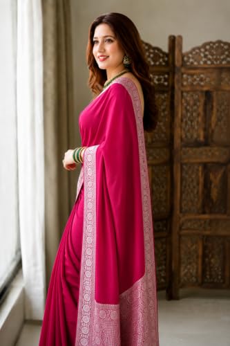 Image of Women's Glory Banarasi Satin Kanjivaram Saree Silver Zari Border Pure Soft Blend Silk Sari Kanchipuram Paithani Silk Party Wedding Festive New Ladies Sadi with Unstiched Blouse Piece. (Pink)