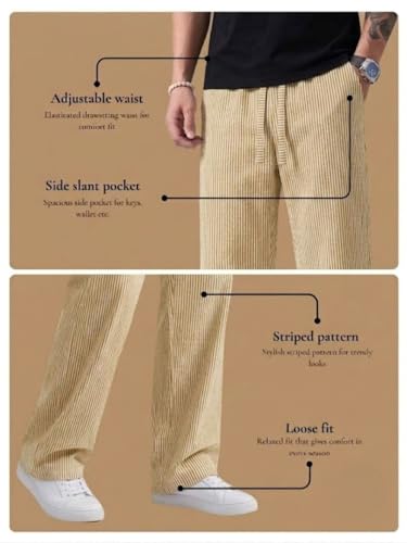 Image of Men's Casual Striped Trouser | Relaxed Fit Drawstring Pants for Men | Elastic Waist Straight Fit Lounge Trousers | Lightweight Summer Cotton Bottoms | Comfortable Daily, Beach, Travel Pants