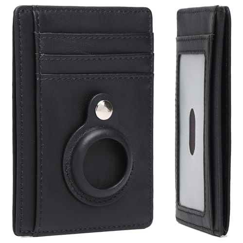 Slim Minimalist Wallet for Men with Airtag Holder Genuine Leather RFID Blocking Compact Front Pocket Card Holder, Black
