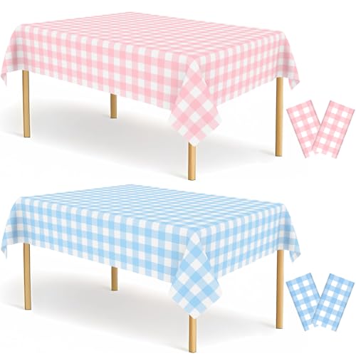 4 Pack Gender Reveal Gingham Tablecloths Disposable Plastic Pink and Blue Checkered Tablecloth 54 x 108 Inch Rectangle Table Covers for Boy or Girl Gender Reveal Party Baby Shower Birthday Party
