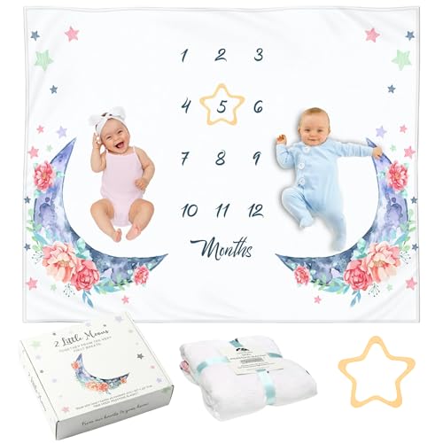 Image of Twin Milestone Blanket - 60" x 40" Baby Gifts for Twins - Large Double Moon Floral Monthly Age Backdrop - Premium 250GSM Soft Fleece - Newborn Multiples Stuff & Shower Present