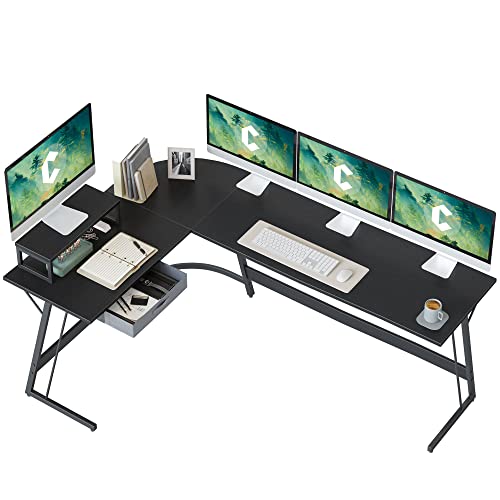 CubiCubi Eckschreibtisch Studie 170 x 120 cm, Stabil Schreibtisch l Form für Büro, Pc Ecktisch Computertisch Mit Monitorständer und Schubladen, Platzsparend, Einfach zu Montieren Eck Tisch, Schwarz