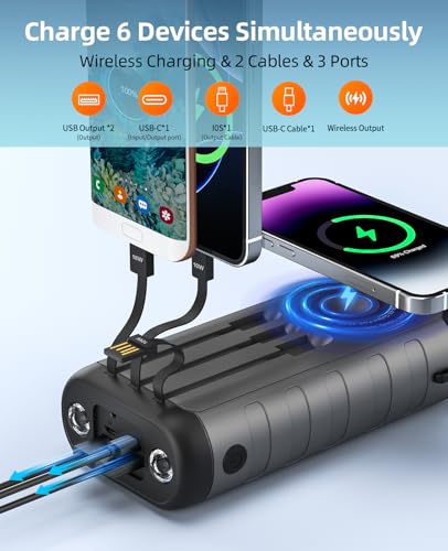 Solar Charger, 59800mAh Portable Power Bank for All Phones, Outdoor Waterproof Battery Pack Built in Hand Crank, 15W Wireless Charger 6 Outputs & 3 Inputs/LED Flashlights, Perfect for Camping Travel - Image 3