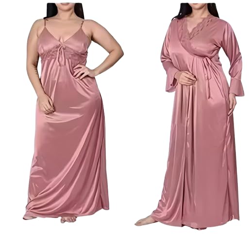 Image of Women's Satin Solid Maxi Nighty Full Sleeve 1 Nighty, 1 Wrap Gown Night Dress Ladies