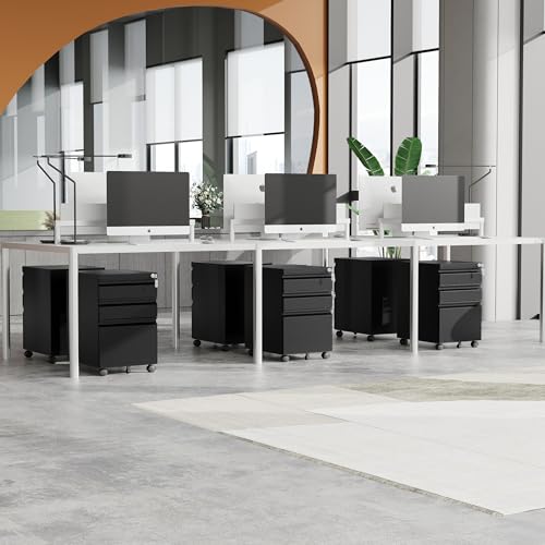 Image of MIIIKO 3 Drawer File Cabinet on Wheels, Home Office Mobile File Cabinet Under Desk, Full Assembled Metal Filing Cabinets with Lock for Legal /Letter /A4 File Folders