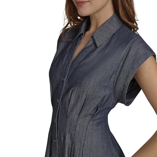 Image of Tommy Hilfiger Women's Cap Sleeve Collared Waist Pleating A-Line Midi Shirt Dress