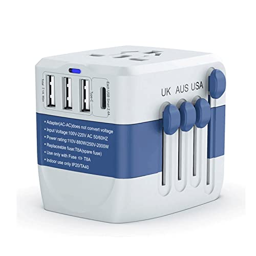 International Travel Adapter All-in-one Universal Power Adapter Worldwide W  3 USB 1Type-C Ports for US, UK, EU, AU & Asia Covers 150+Countries Wall Charger (Blue)