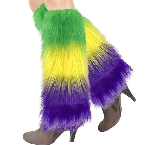 Abien Mardi Gras Womens Fluffy Leg Warmers Faux Fur Boot Sleeves Long Boot Covers Outfit for St. Patrick's Day Rave (Green/Yellow/Purple)