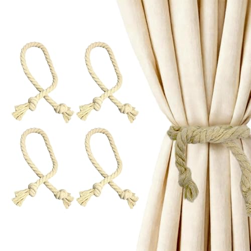4 Embrasses de Rideaux en Coton Chanvre Naturel Tissé Main - Corde de Porte-Rideau Adjustable pour Décoration Maison, Salon, Chambre - Style Bohème Rustique...