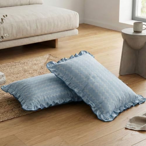 Image of Home Sizzler Chevron Frill Border Microfibre King Size Pillow Covers (18 X 27 Inches) - Light Blue, Set of 2