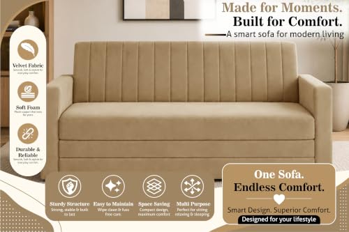 Image of 3-Seater Velvet Sofa Cum Bed with Armrests | Modern Convertible Sleeper Couch | Stylish Sofa Bed for Living Room, Bedroom & Office | Golden