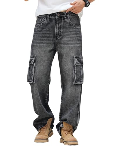 Nutriangee Men's Casual Baggy Cargo Workwear Jeans Loose Fit Straight Leg Hip Hop Denim Pants3