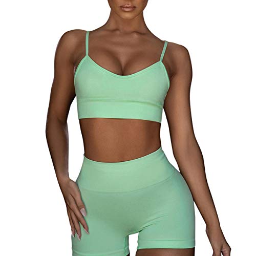 CNASA Tenue de yoga pour femme sans couture 2 pièces d'entraînement Gym taille haute Leggings avec soutien-gorge de sport - Vert - L
