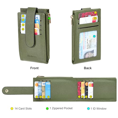 Image of Chelmon Womens Wallet Slim RFID Blocking Bifold Multi Card Case Wallet with Zipper Pocket (Green Army)