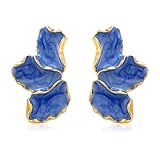 QKEPCY Pendientes Pétalos Esmaltados Elegantes Bordes Dorados Joyería Femenina Diseño Floral Accesorios Estilo Minimalista (Azul)